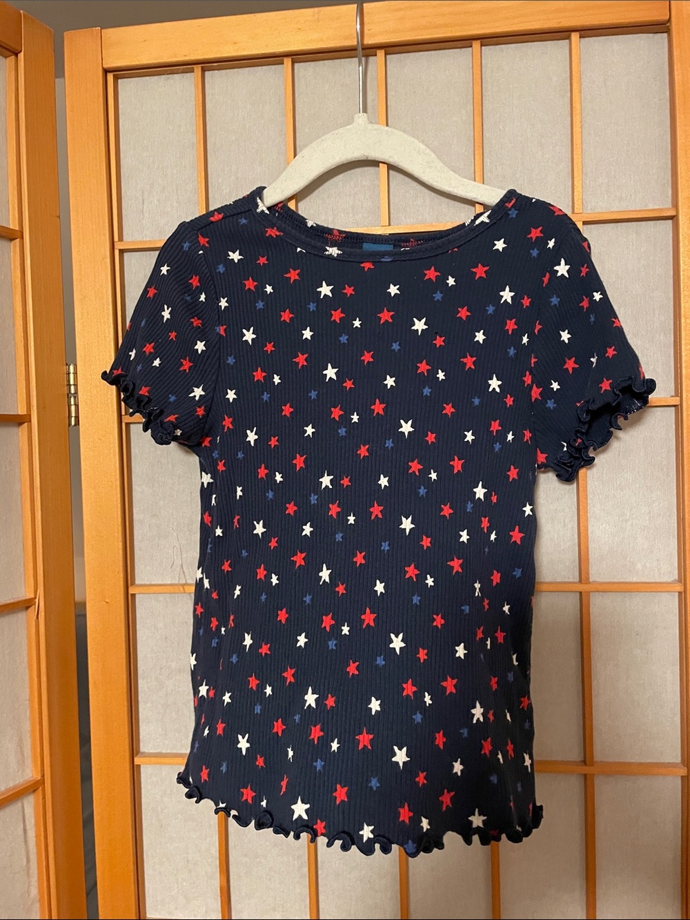 Old Navy Toddler Girl 4T Ruffle Hem Navy Star Print Ribbed Short Sleeve Top